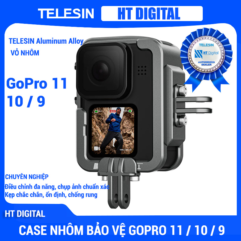 Vỏ Case Hợp Kim Nhôm Telesin Bảo Vệ GoPro 9 10 11 12 Chống Va Đập Hỗ Trợ Nhiều Khe Gắn Thêm Phụ Kiện GoPro