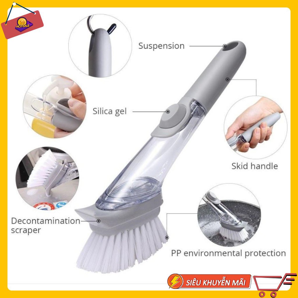 Chổi cọ rửa xịt nước đa năng có cán, bàn chải chà nồi chảo cọ rửa chén bát tay cầm dài