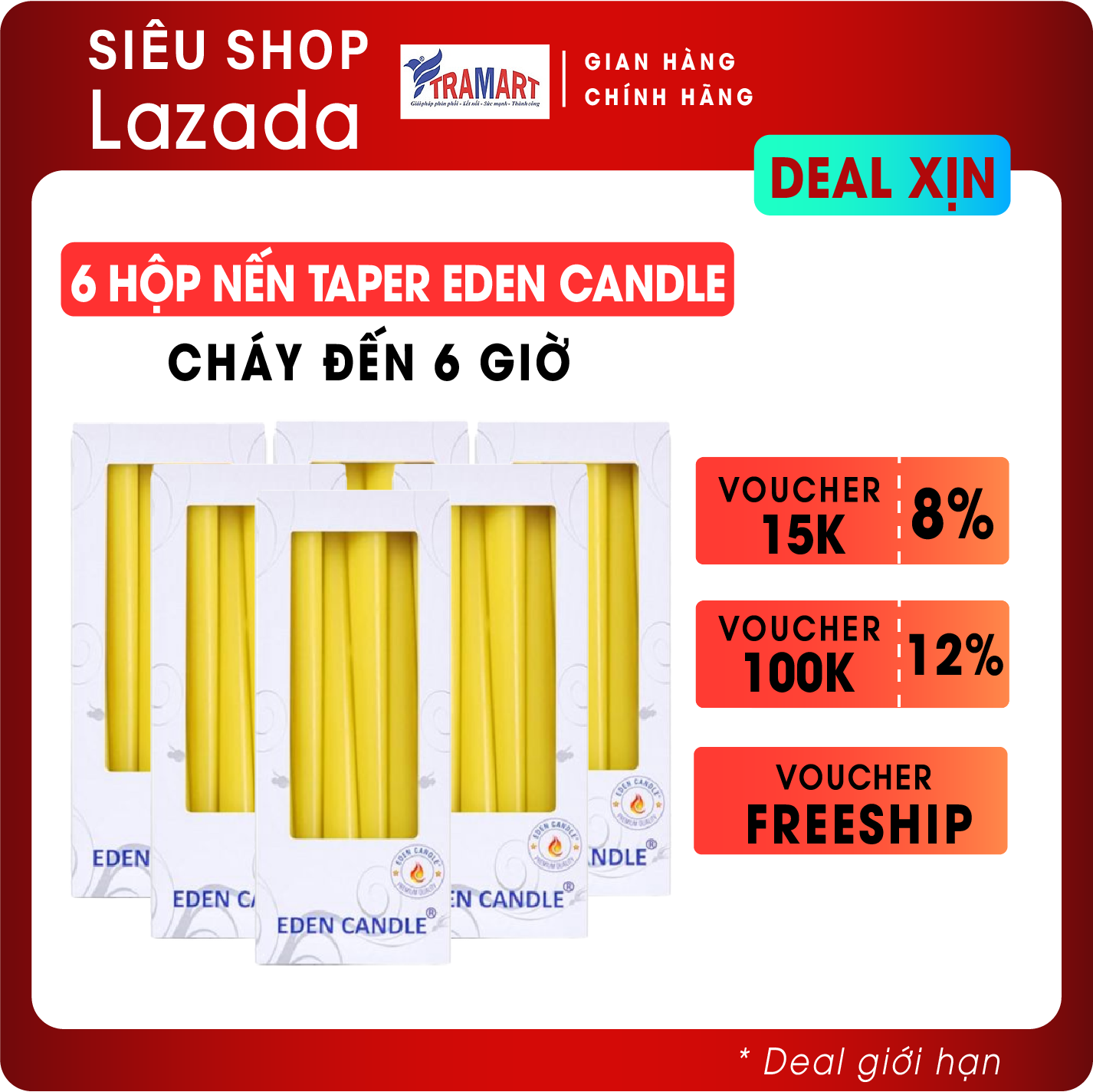 Hộp 6 nến thơm taper Eden Candle FTRAMART EDC2331 25cm (Vàng), phù hợp chân đế nến theo tiêu chuẩn cắm nến taper