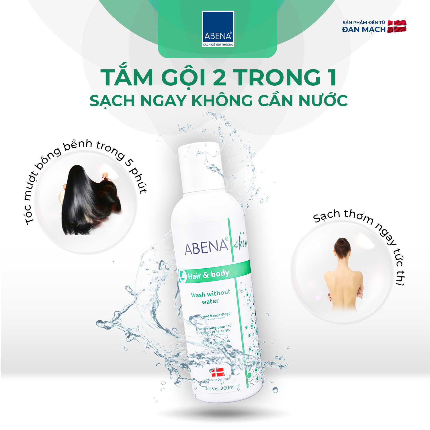 Dầu gội tắm khô Abena giúp làm sạch dịu nhẹ an toàn cho da - Nhập Khẩu Đan Mạch