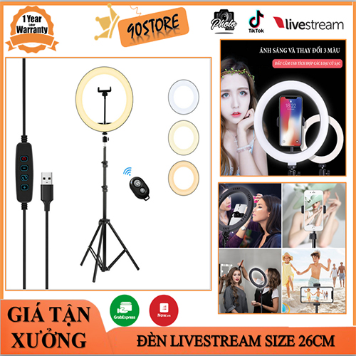 Đèn livestream 26cm hỗ trợ ánh sáng chụp ảnh, make up, quay tiktok với 3 chế độ sáng kèm chân sắt chắc chắn