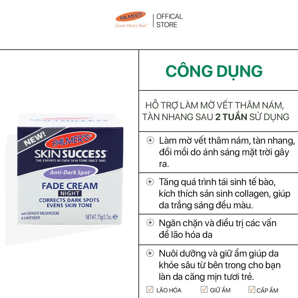Kem dưỡng trắng sáng da ban đêm mờ thâm nám - tàn nhang Palmers 75g