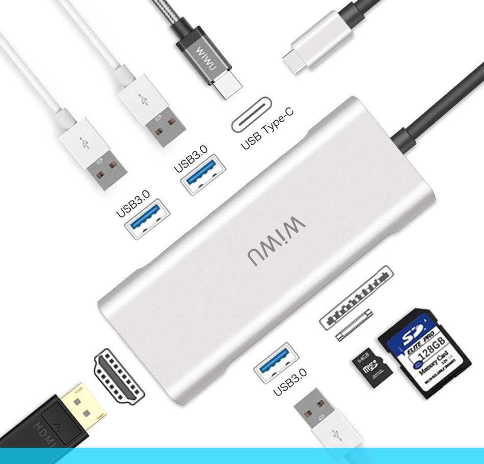 Wiwu 7 trong 1 usb 3.0 hub đối với macbook pro 3 x usb 3.0 + 1 x hdmi 4k port + 1 x micro sd + 1 x sd card slot + 1 x usb-c pd