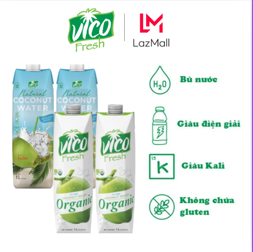 Combo 4 hộp nước dừa Vico Fresh 1L (2 Natural, 2 Organic) - Không Đường Ngọt Tự Nhiên