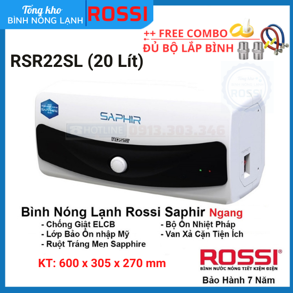 Bình nóng lạnh gián tiếp Rossi Saphir ngang RS22SL (20 Lít) -Bảo hành 7 năm, chính hãng Tân Á Đại Thành