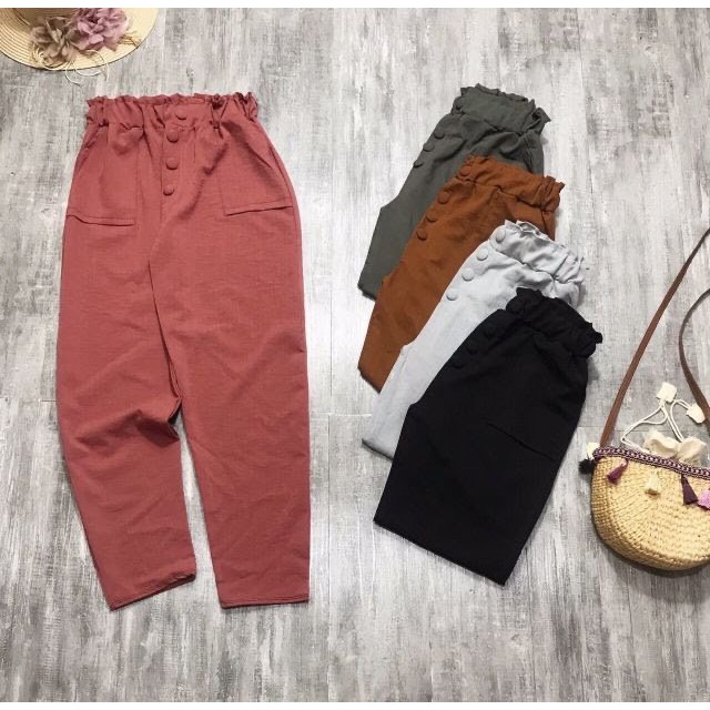 Quần Đũi Nữ Bagy Cạp Chun Vải Đũi Xước Hàn Cao Cấp