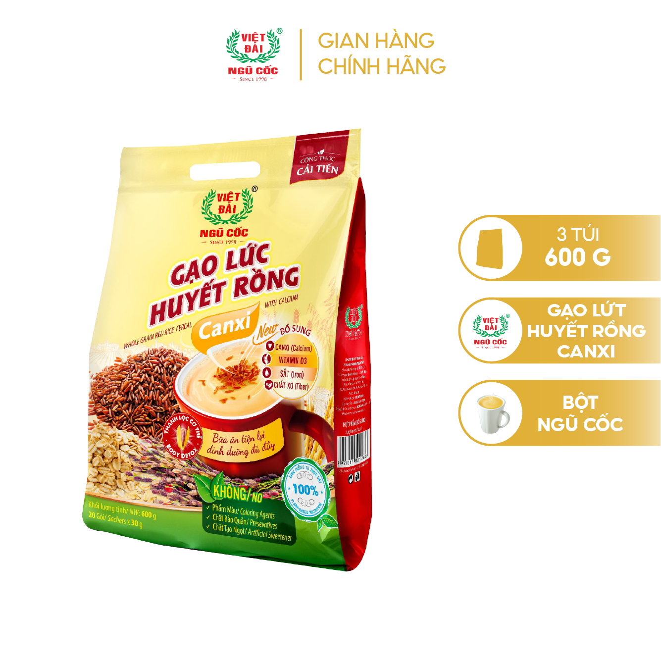 Combo 3 Bột Ngũ Cốc Gạo Lứt Huyết Rồng Canxi VIỆT ĐÀI Thơm Ngon Giúp Thanh Lọc Cơ Thể Túi 600g