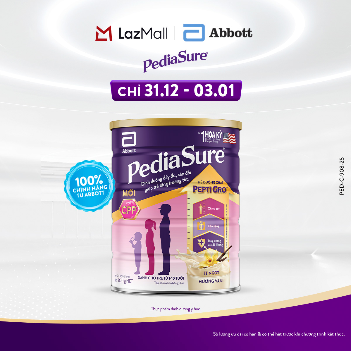   CHỈ 31.12 - 03.01 GIÁ TỐT MUA NGAY-SLCH  Lon sữa bột Pediasure hương vani ít ngọt 800G  mẫu mới  
