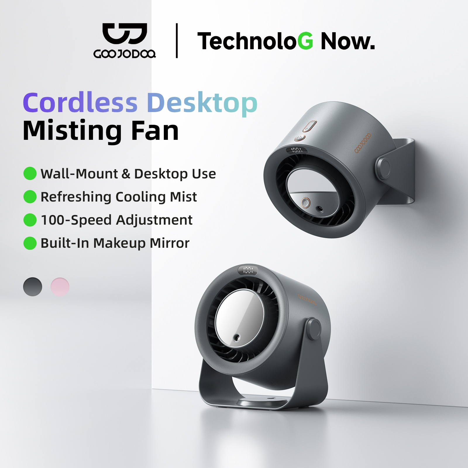 Goojodoq Desktop Fan 2-Mode Mist Spray Fan - 100 Speeds, Led Screen, 5-Hour Battery, Wall Mountable - Cool Summer