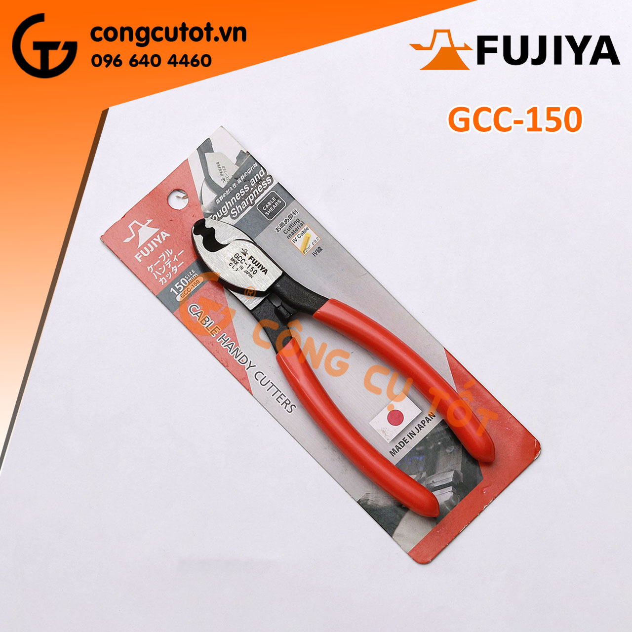 Kìm cắt cáp Fujiya GCC-150 Nhật Bản Kìm được chế tạo từ hợp kim cứng, chống gỉ sét, độ bền cao. Tay cầm bằng nhựa màu cam, rất êm khi sử dụng. Thiết kế nhỏ gọn, dễ sử dụng. Thích hợp cho các loại dây cáp vừa và nhỏ.