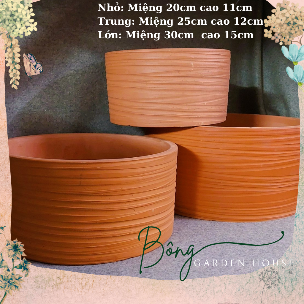 Chậu trồng cây, chậu đất nung thau hình trụ sọc sóng bất định Bông Garden House