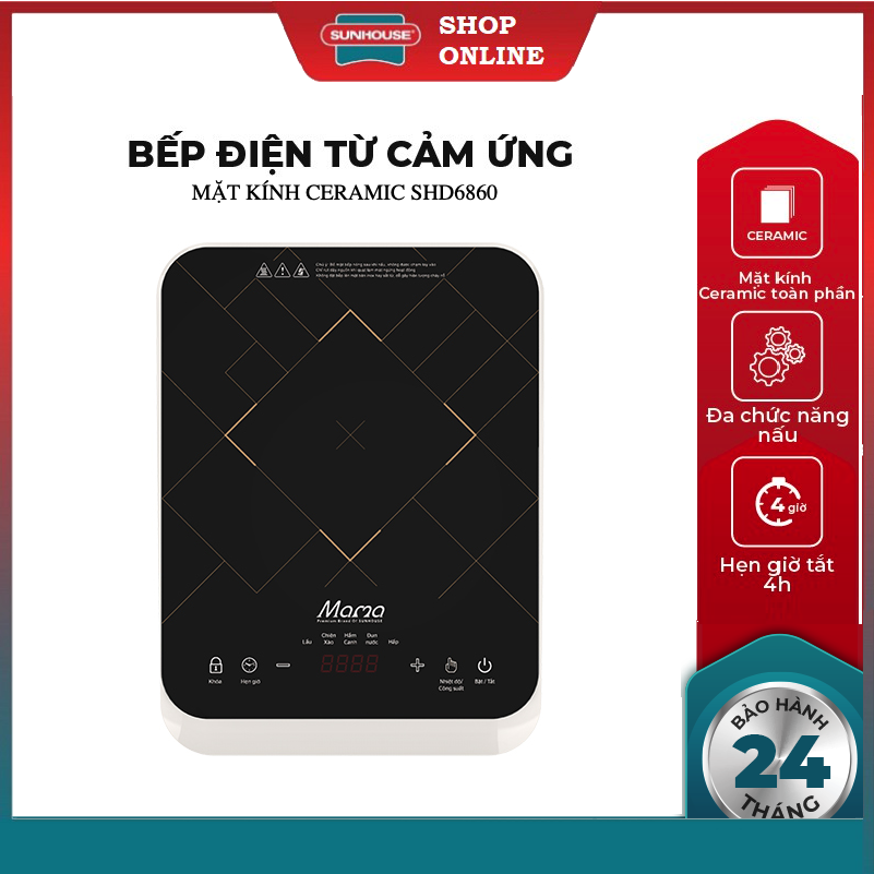 Bếp từ đơn sunhouse mama shd6860 - bếp điện từ cảm ứng sunhouse mặt kính ceramic cường lực - tặng kèm nồi lẩu - bảo hành 24 tháng