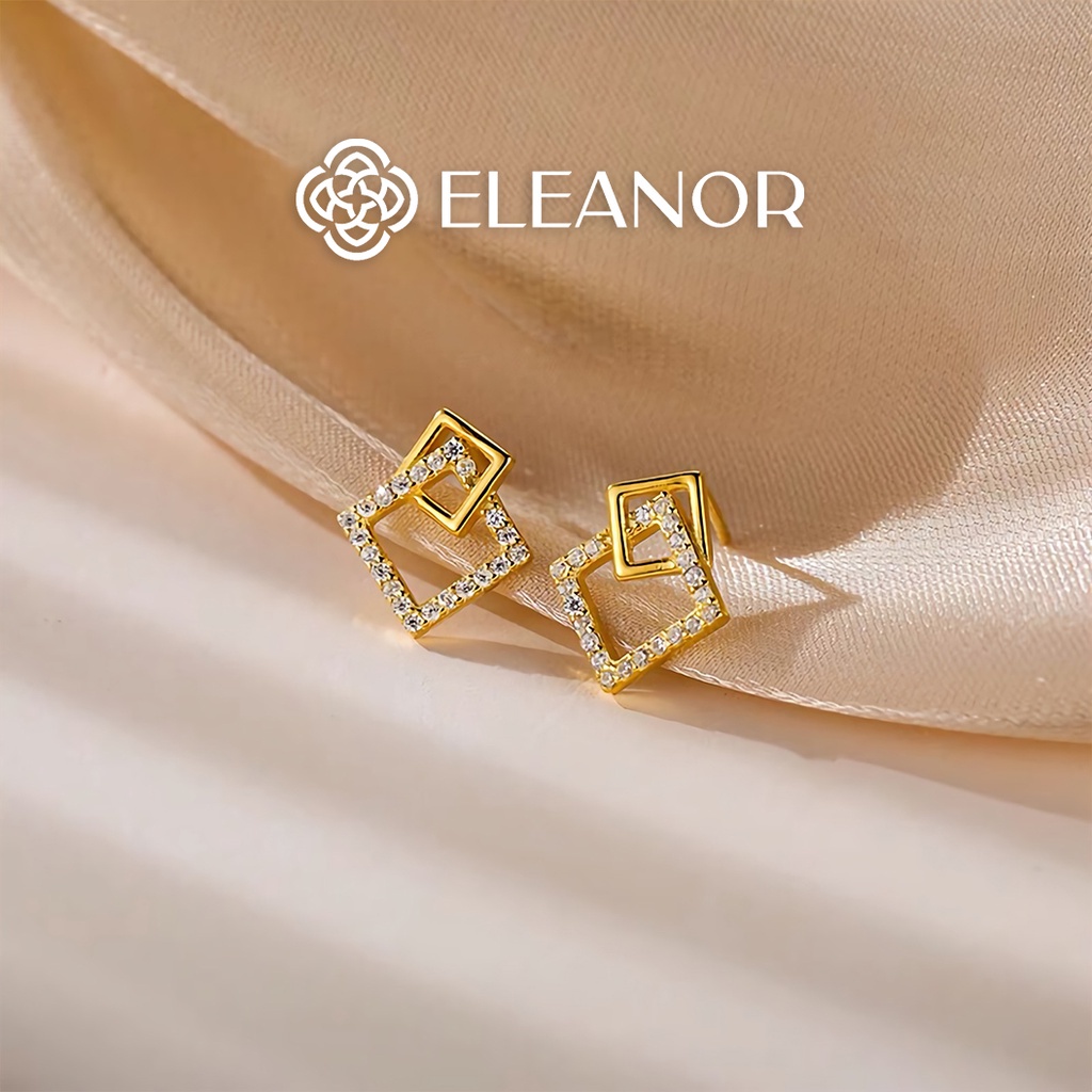 Bông tai nữ chuôi bạc 925 Eleanor Accessories khuyên tai hình vuông đan xen đính đá phụ kiện trang sức 3024