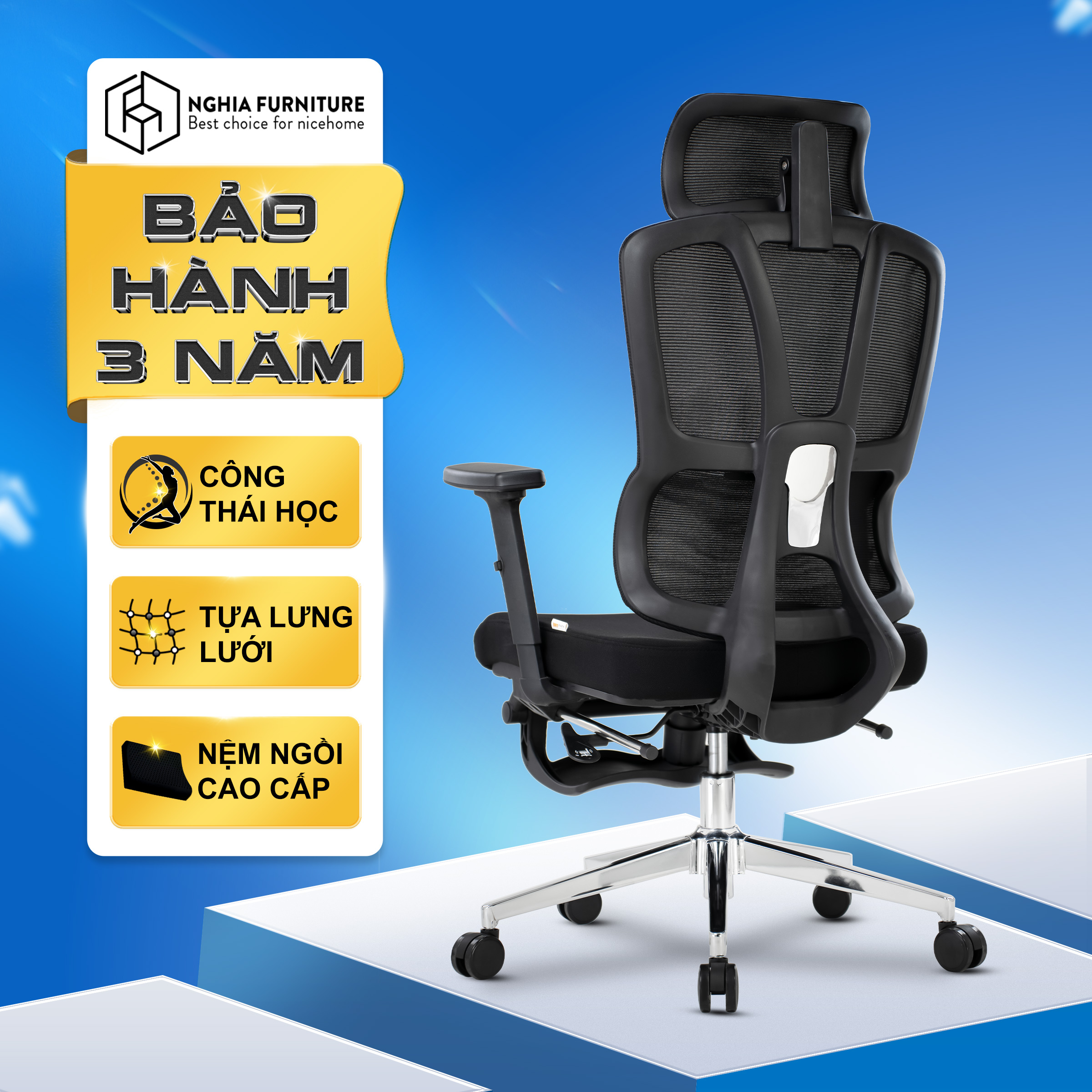 Ghế công thái học Nghia furniture JOY - H Ngả ghế 120 độ lưng vải lưới thoáng khí bảo hành 3 năm