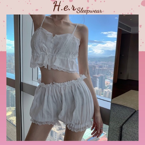Bộ đồ ngủ - bộ mặc nhà 2 dây dáng áo croptop chất đũi mỏng, mát, mềm mịn pha ren gợi cảm, sexy thoải mái - her sleepwear