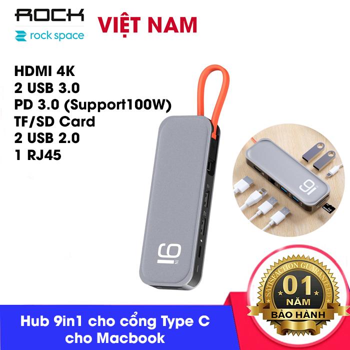 Bộ chia HUB đa năng Rock 9in1 Type-C to USB3.0 / USB2.0 / HDMI / RJ45 / Type-C / Khe cắm thẻ SD/TF (RCB0742)