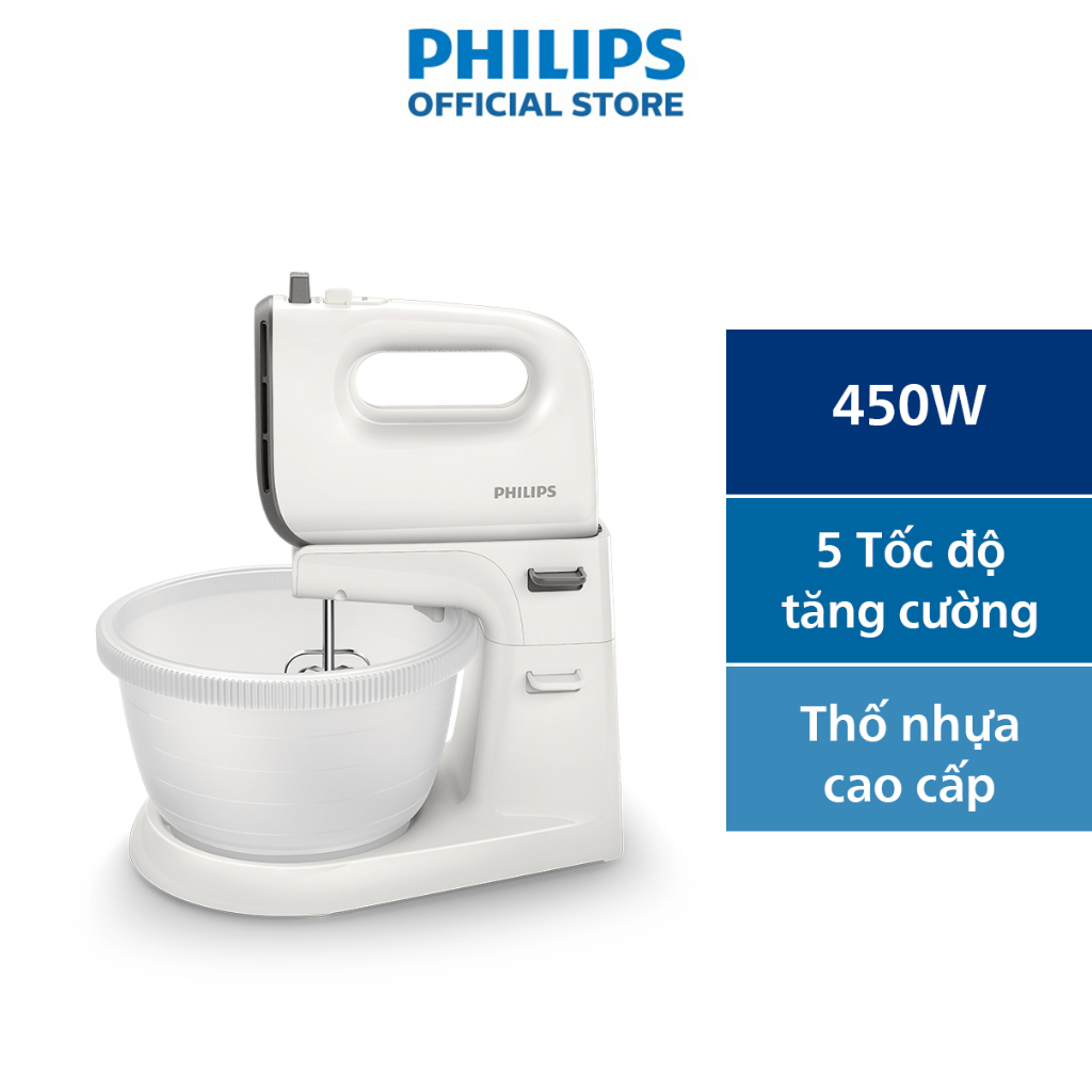 Máy nhồi bột đánh trứng hr3745/00 - công suất 450w - thố trộn 3l bằng nhựa xoay được - nút thả que đánh tự động - chân đế chống rung - hàng phân phối chính hãng