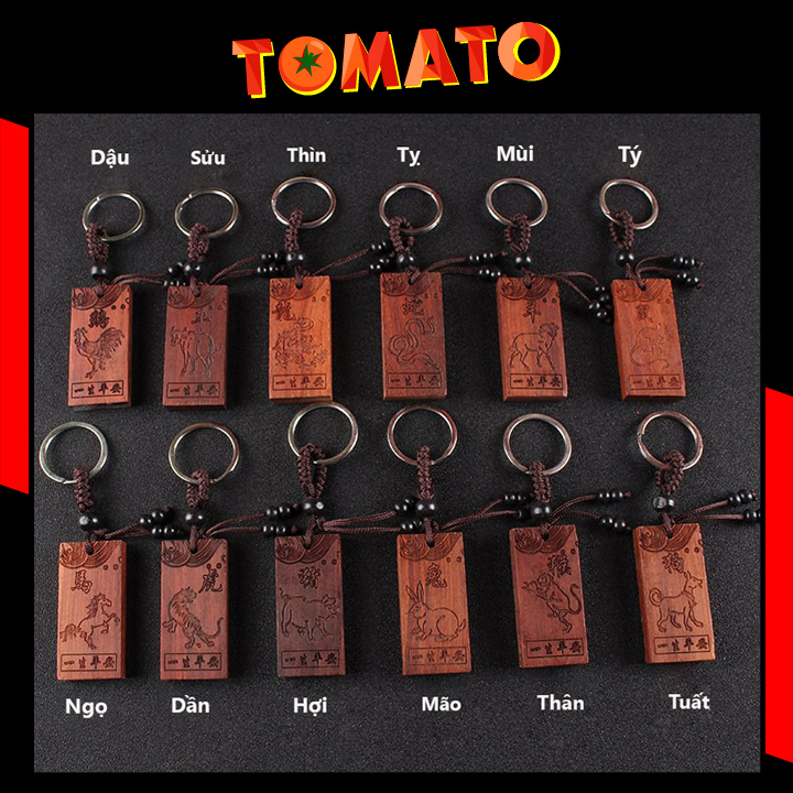 Móc khóa gỗ hương hình 12 con giáp bình an - phụ kiện tomato