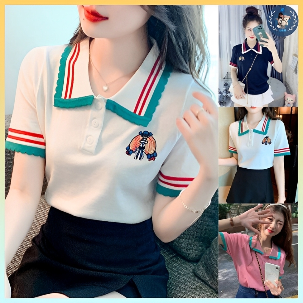 💥[A030] Áo len thun nữ Montoghi dệt kim Quảng Châu thêu LOGO cộc tay polo PHỐI VIỀN thanh lịch - L2M