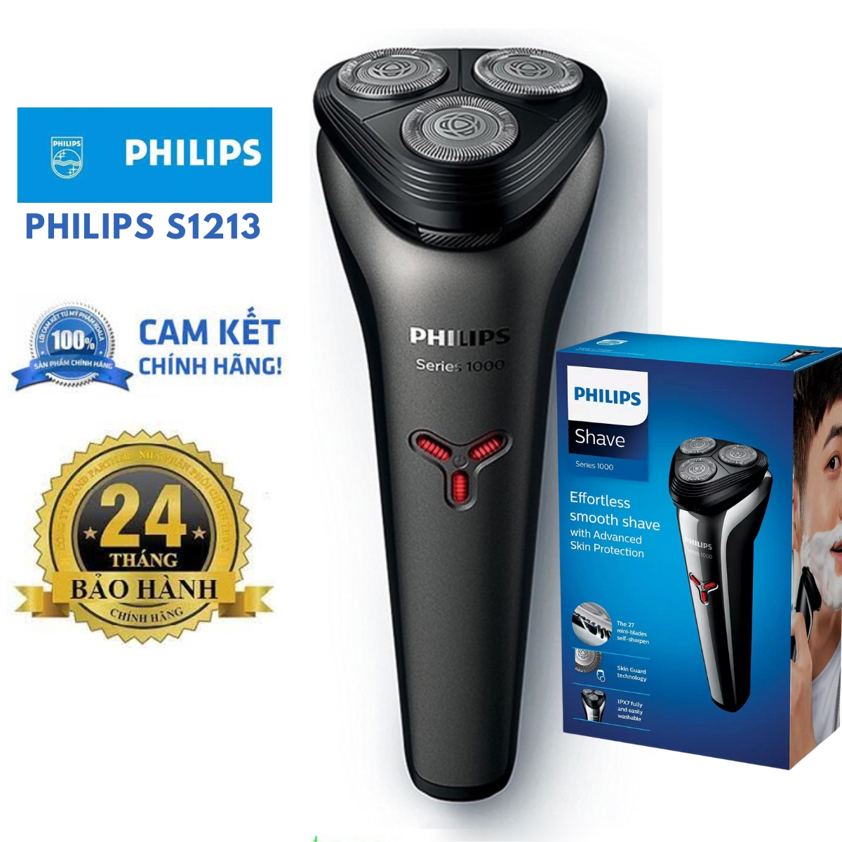 Máy cạo râu Philips S1213, dao cạo râu điện cao cấp 3 lưỡi thép nhập khẩu tự mài, chống nước - Chính hãng - Bảo hành 24 tháng