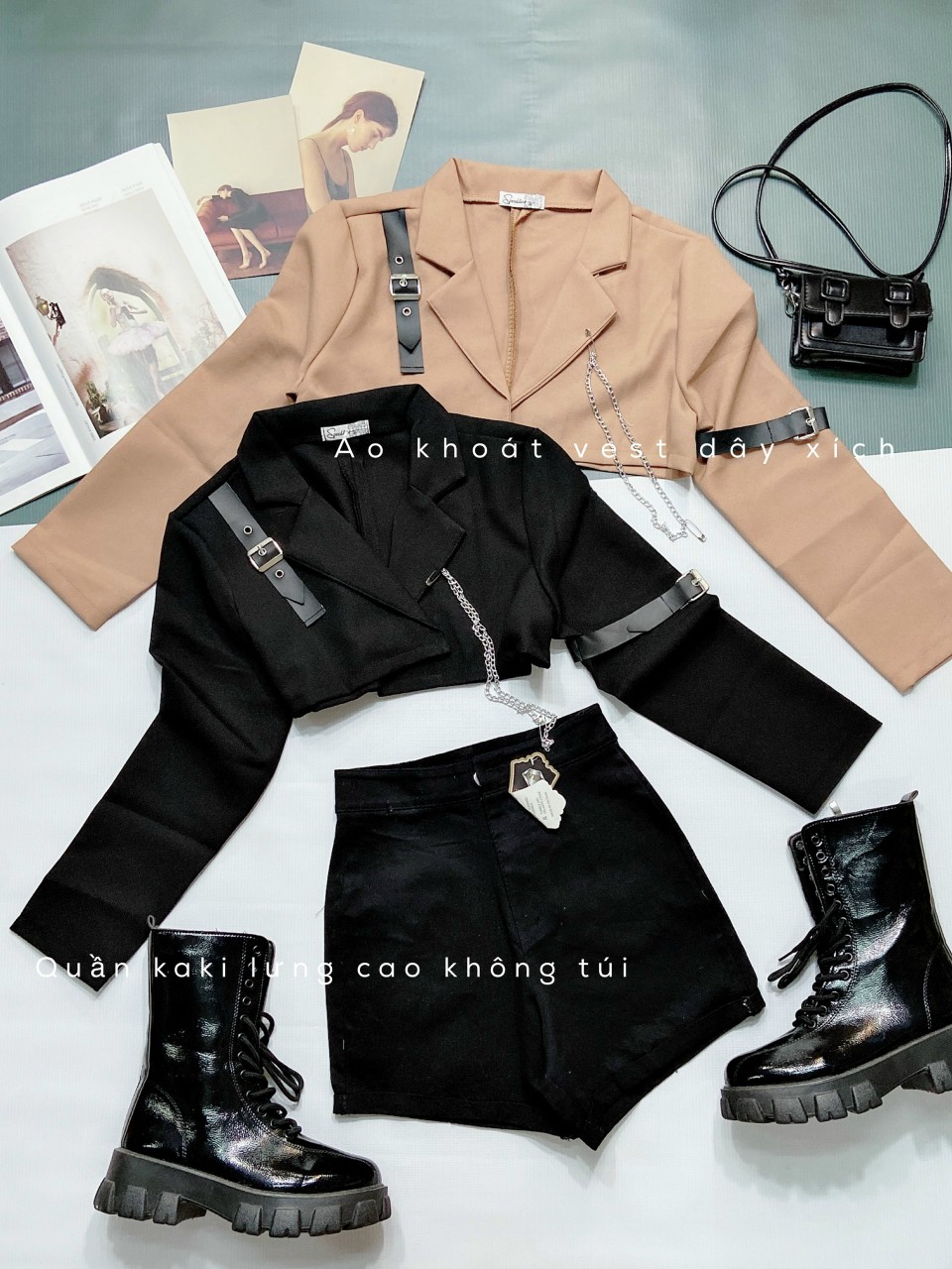 TU-Set áo vest dây xích phối quần short không túi kèm áo 2 dây cát hàn thời trang