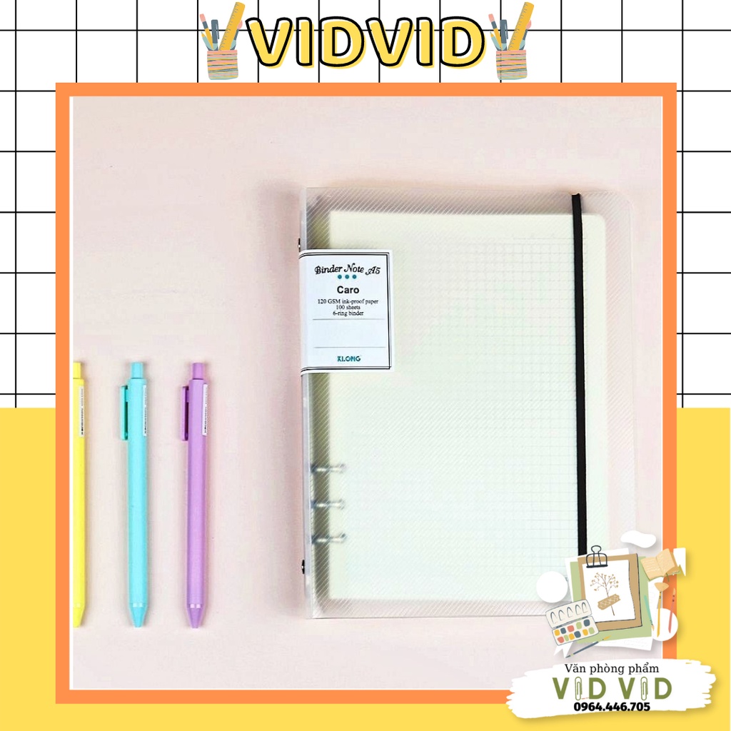 Sổ Caro bìa nhựa kẹp còng A5 - 100 tờ;Thích hợp làm Bullet Journal ,Giấy siêu dày,Klong MS: 994