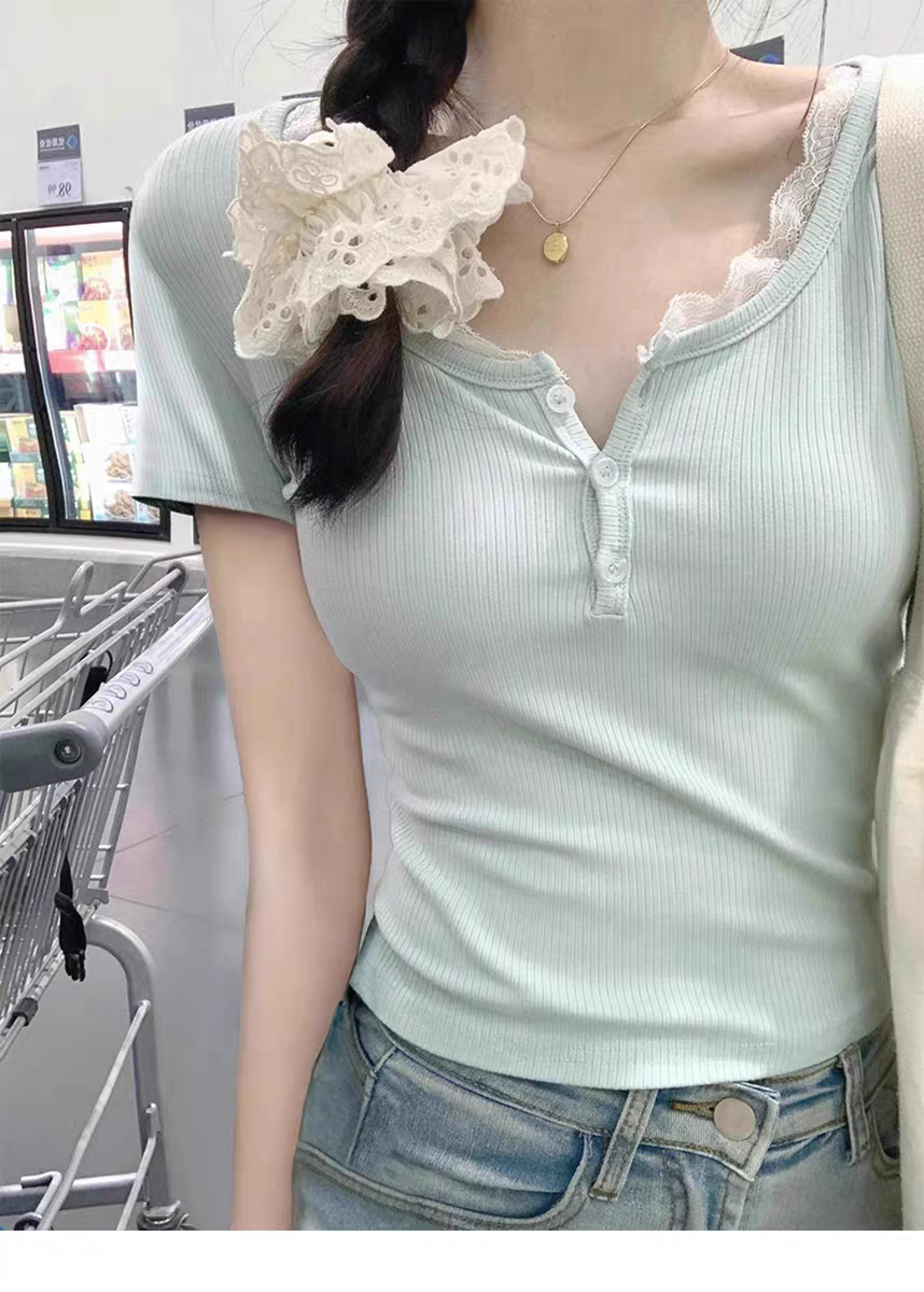 Women's pure Korean style hottie short sleeve lace collar half sleeve t shirt summer solid color shirt, korean-style slim pink, light blue, off white buttons elastic cheongsam