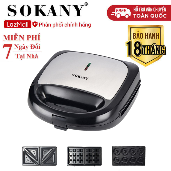 Máy kẹp bánh mì sokany 3 khay nướng chín đều 2 mặt, công suất lớn 750w giúp máy nhanh nóng sk092b