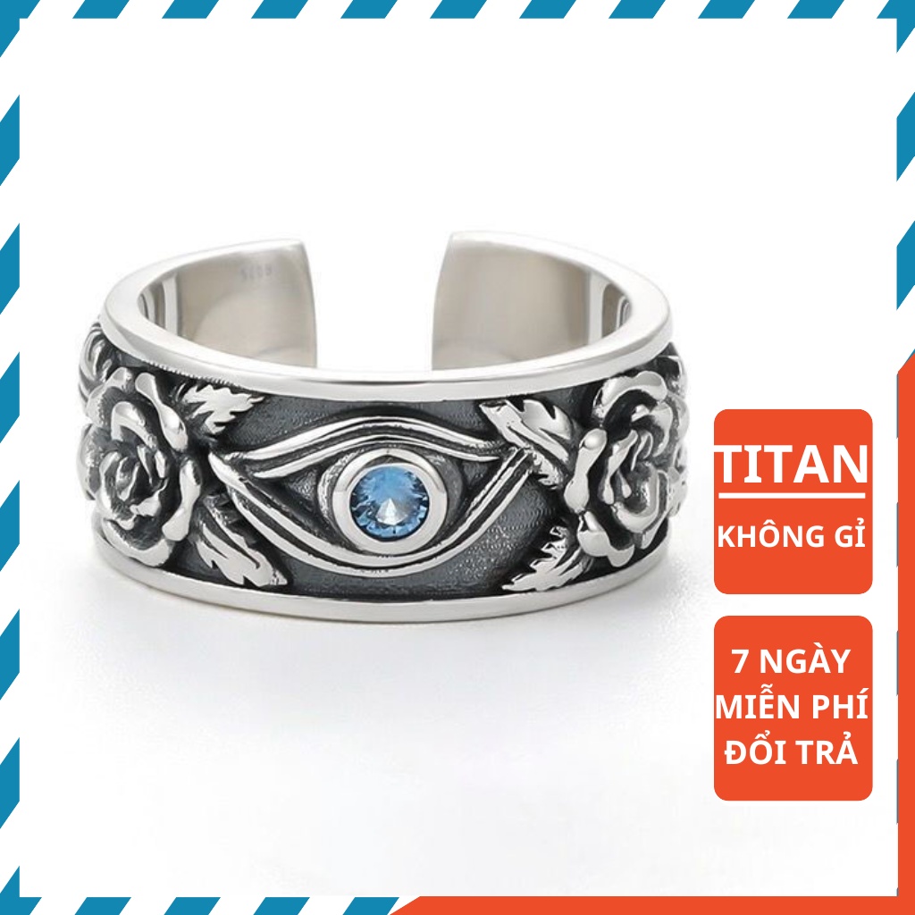 Nhẫn nam Titan thời trang đẹp cao cấp họa tiết bông hoa đính đá xanh Mắt Phượng Hoàng phong cách bụi bặm không gỉ