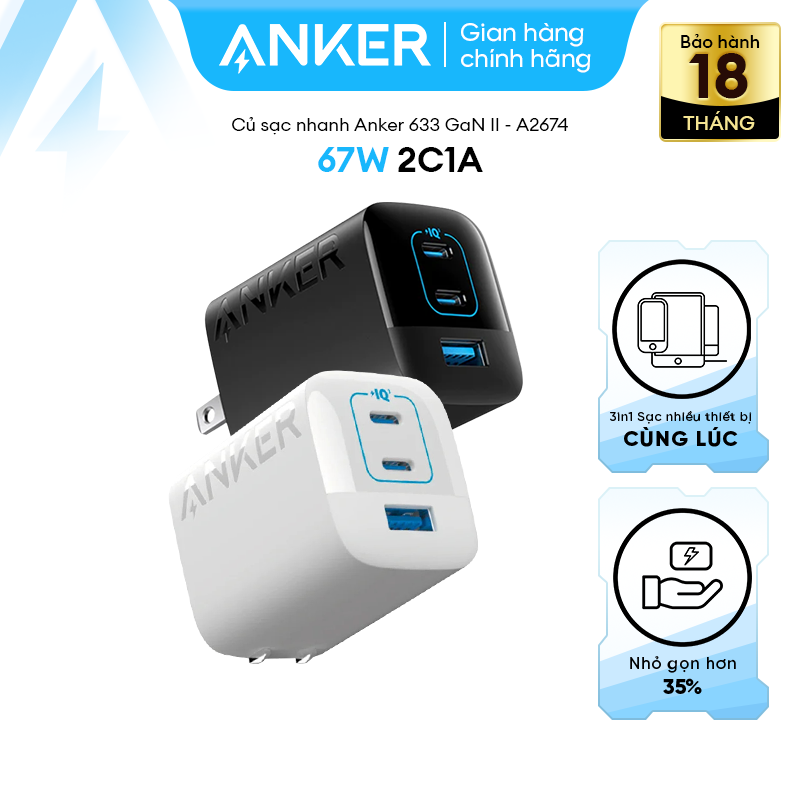Củ sạc nhanh Anker 336 GaN II 67W - 3 cổng 2USB-C & 1USB-A - A2674