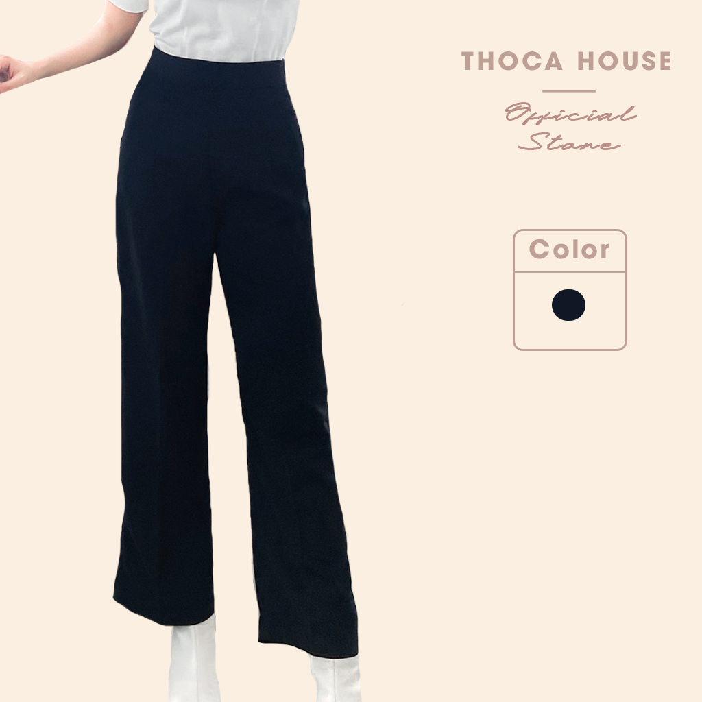 Quần suông ống rộng max bản lưng THOCA HOUSE đen trơn thoải mái phối đồ phù hợp đi làm công sở