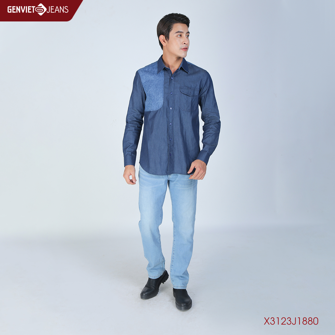 Áo sơmi jeans nam đắp vai dài tay x3123j1880 genviet