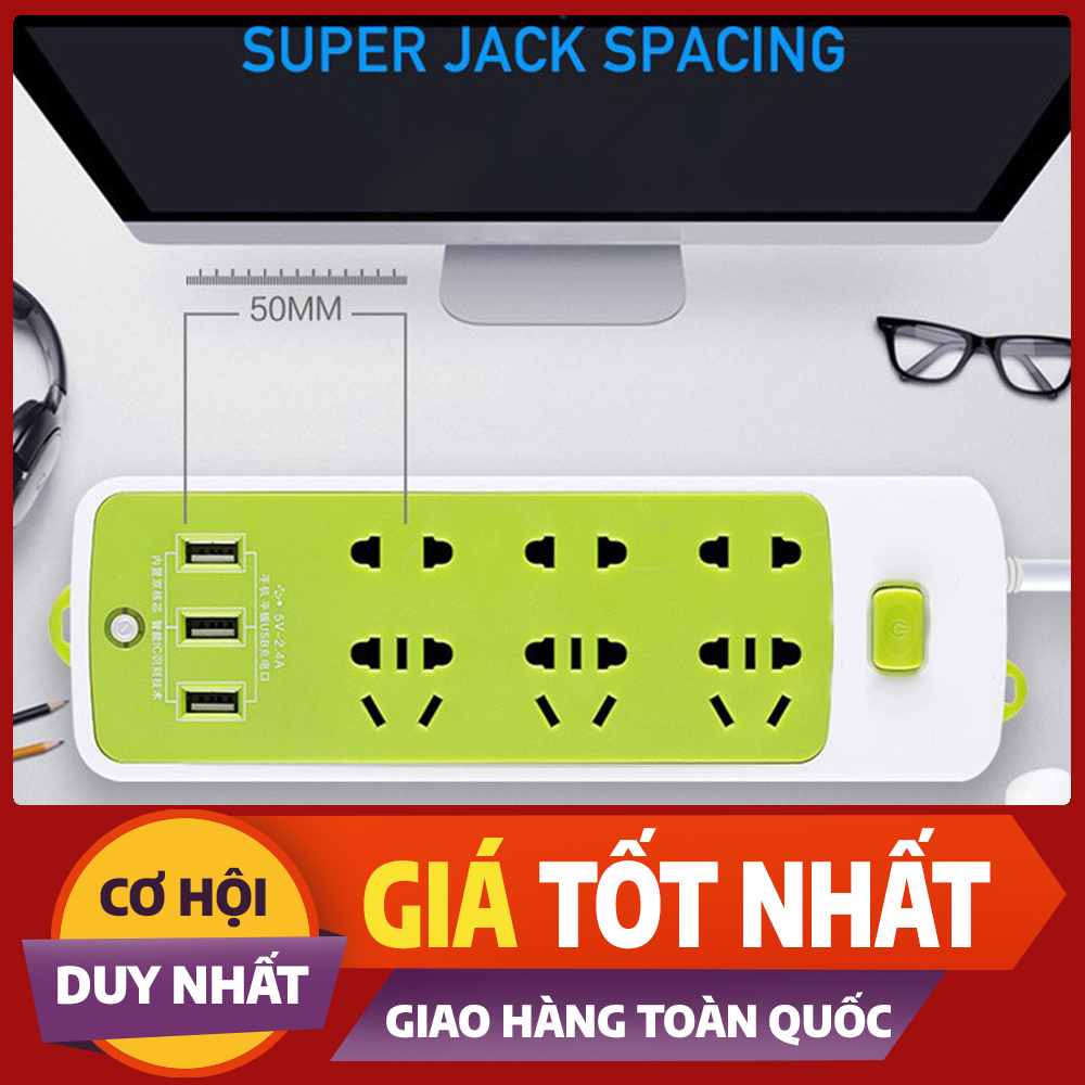 Ổ cắm điện đa năng usb | ổ điện 6 lỗ và 3 cổng sạc usb | ổ cắm điện đa năng thông minh xanh lá