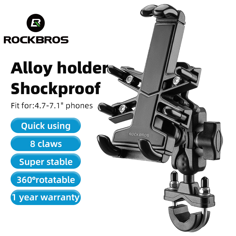 ROCKBROS Bicycle Phone Holder Aluminum Alloy Shock Absorption Motorcycle Mobile Phone Mount 360° Rotatable Stable Anti-fall MTB Road Bike Cellphone Holder