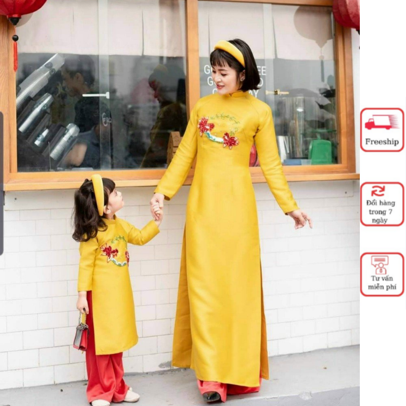 Áo dài Tết mẹ bé [𝐋𝐢𝐢𝐧] Áo dài mẹ và bé thêu họa tết cá vàng chất liệu tafta cao cấp MB02