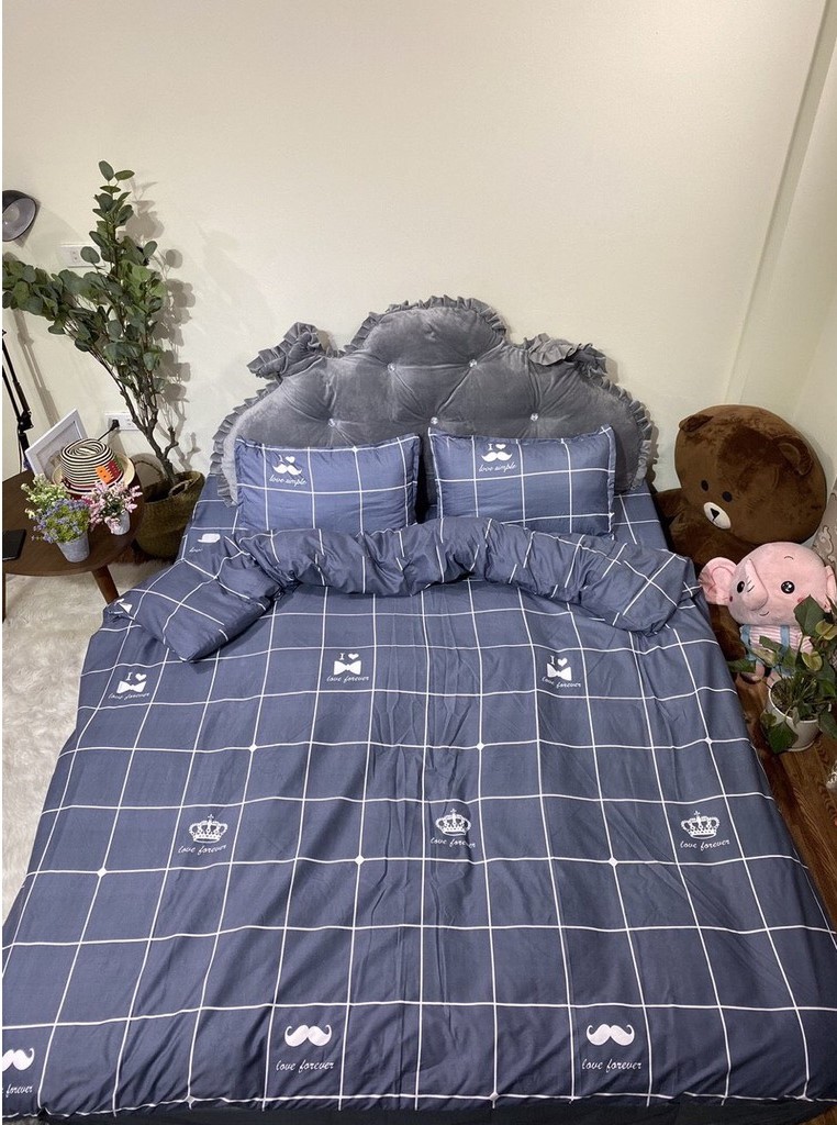 [SALE SỐC] Bộ Ga Gối Poly 3 Món Kẻ Caro Xanh Đen Tối Giản Cho Phòng Ngủ, Set 3 Món Poly Xanh Đen Kẻ Ô Vuông Đơn Giản, Bộ Ga Gối Kẻ Xanh Đen