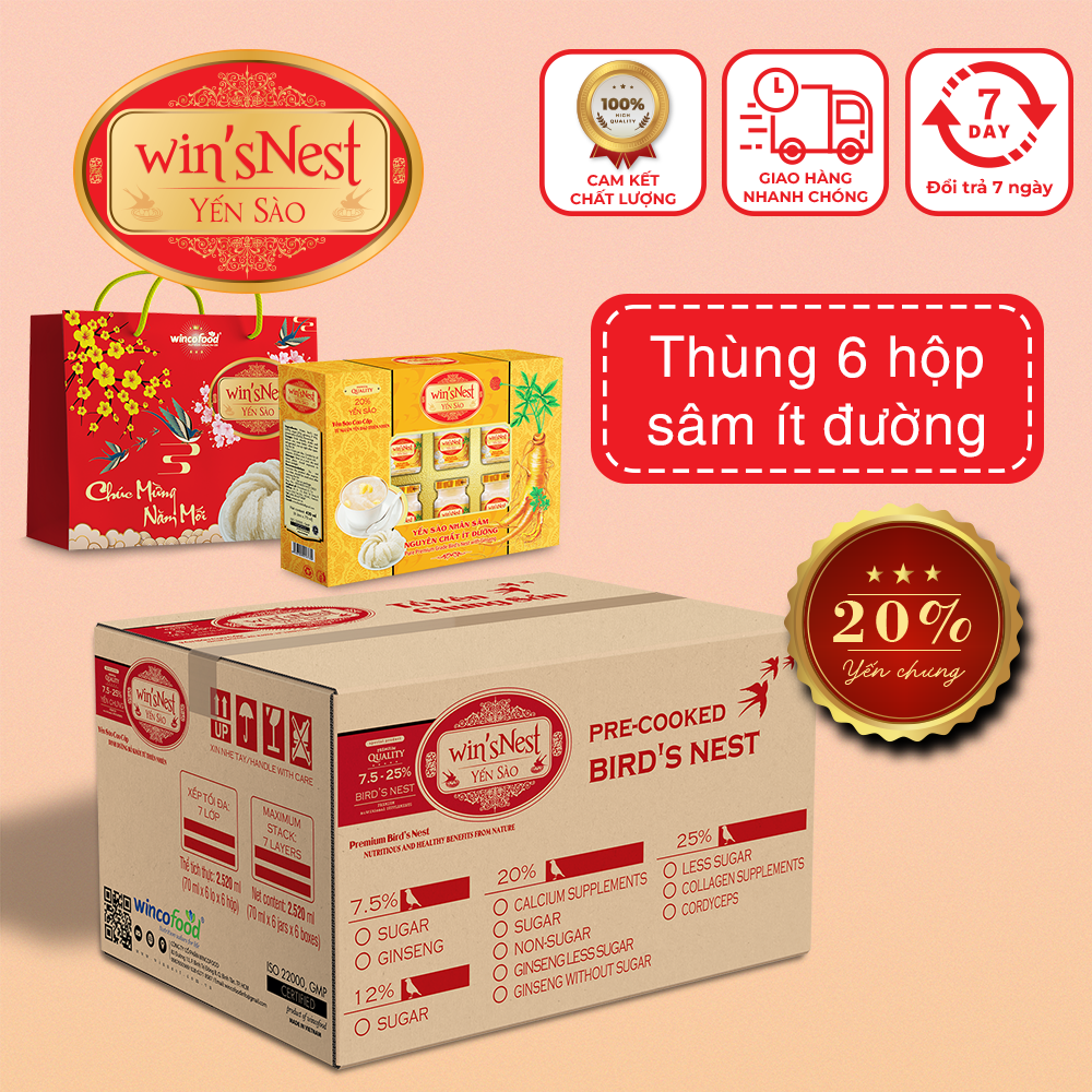 Thùng 6 hộp Yến sào wins'Nest nguyên chất nhân sâm ít đường 20%