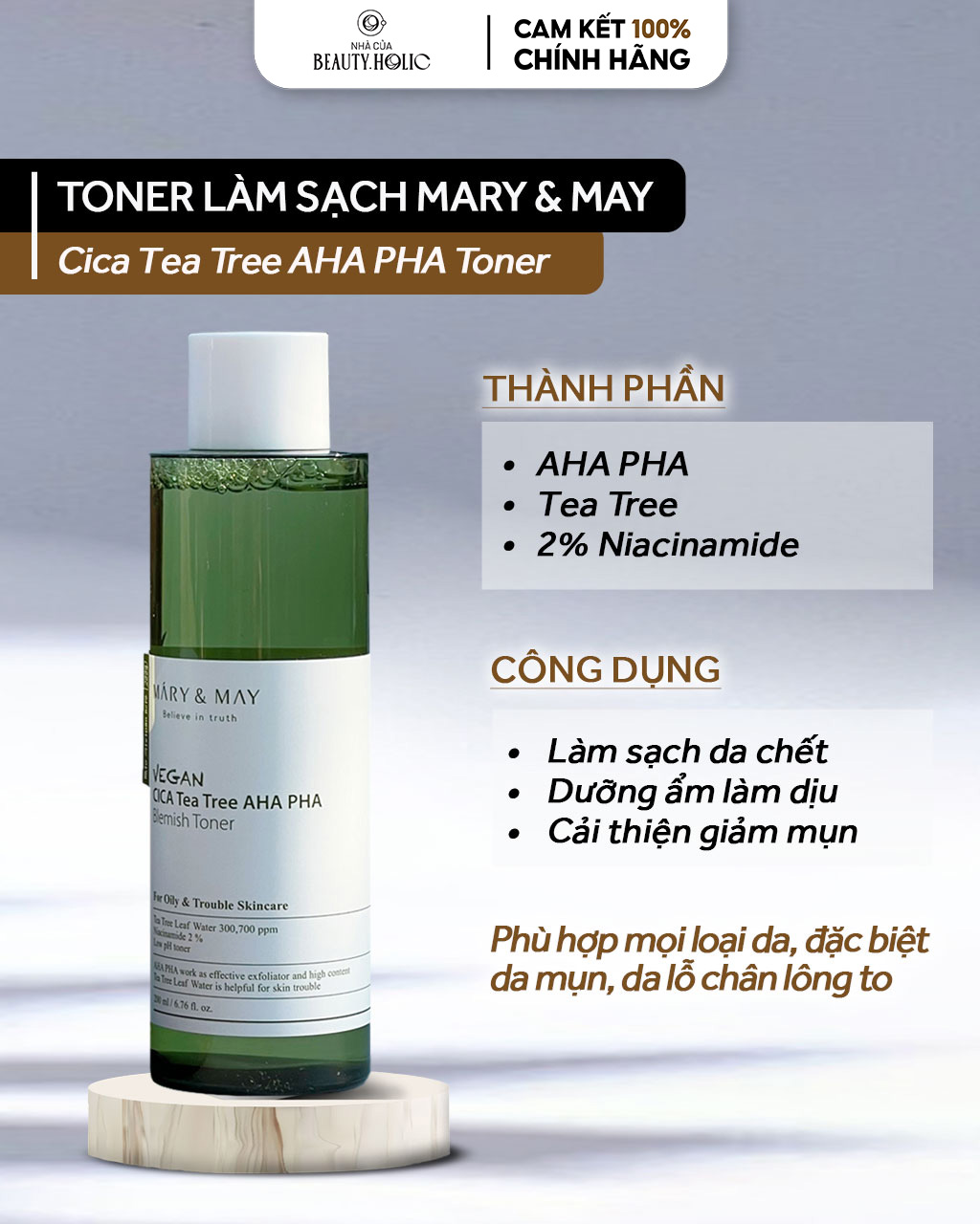 [Nhacuabeautyholic] Toner làm sạch giảm mụn MARY & MAY VEGAN CICA TEA TREE AHA PHA TONER