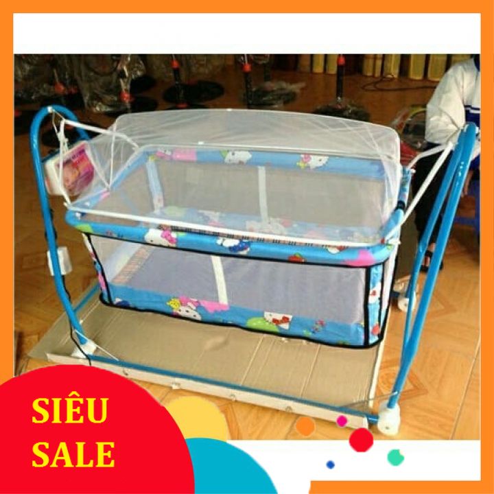 Nôi điện Võng xếp tự động 2 Trong 1 Trọn Bộ tặng kèm 02 dây curoa +màn chống muỗi cho bé