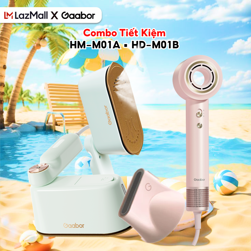 Combo 287 Bàn ủi hơi nước cầm tay HM-M01A và Máy sấy tóc ion cao cấp HD-M01B màu hồng - tiện lợi du lịch, bảo vệ tóc - Bảo hành 12 tháng 1 đổi 1