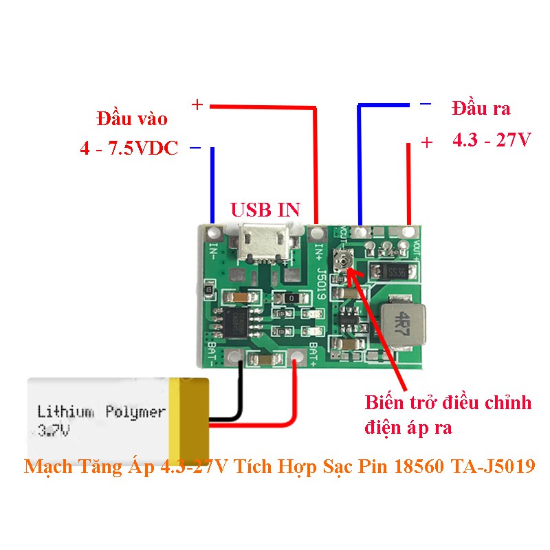 Mạch Tăng Áp 4.3-27V Tích Hợp Sạc Pin 18650 TA-J5019