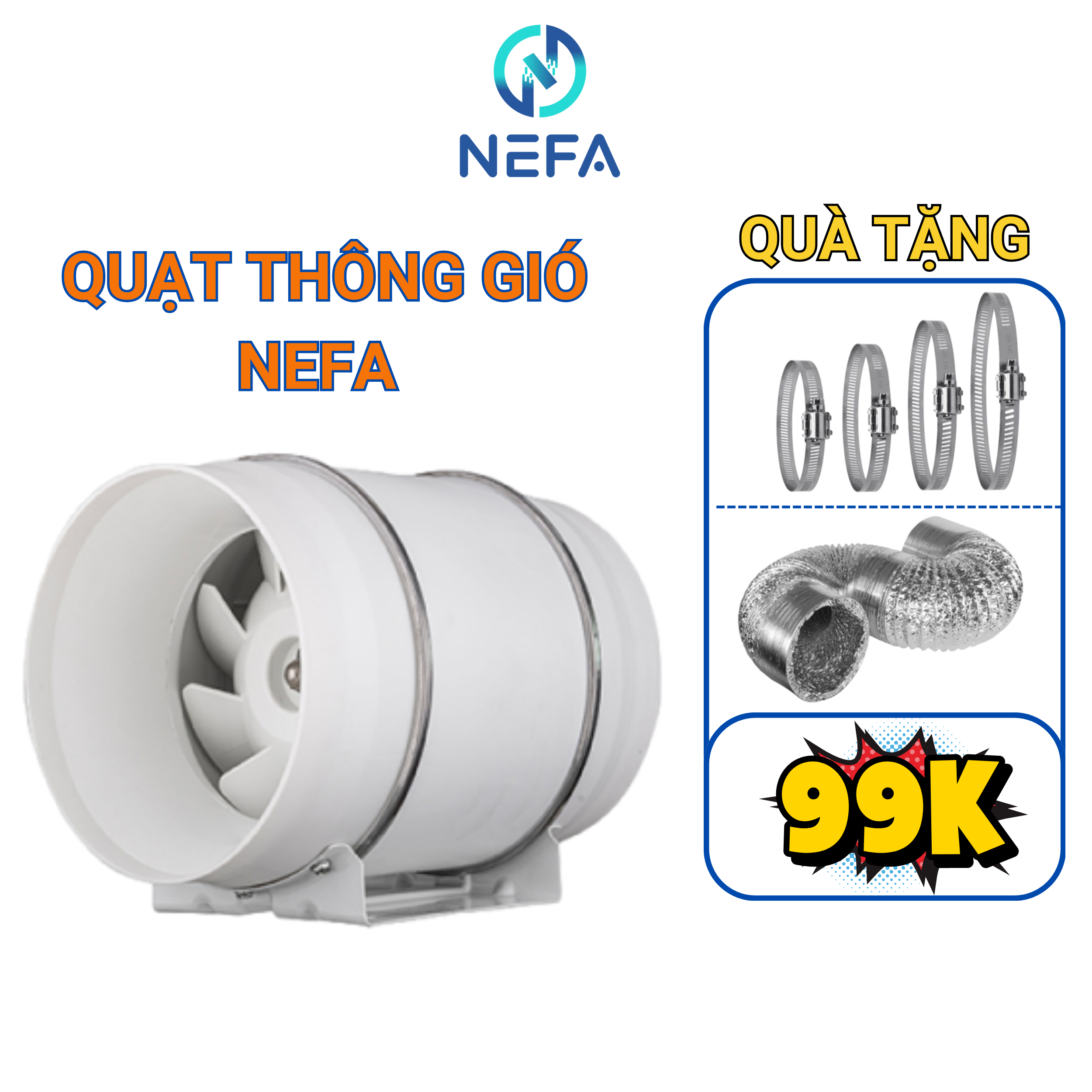  Quạt Thông Gió Hút Mùi NEFA HF100 - HF300 Đường Ống Tròn Động Lực Mạnh Hút Mùi Thông Gió Lõi Đồng 
