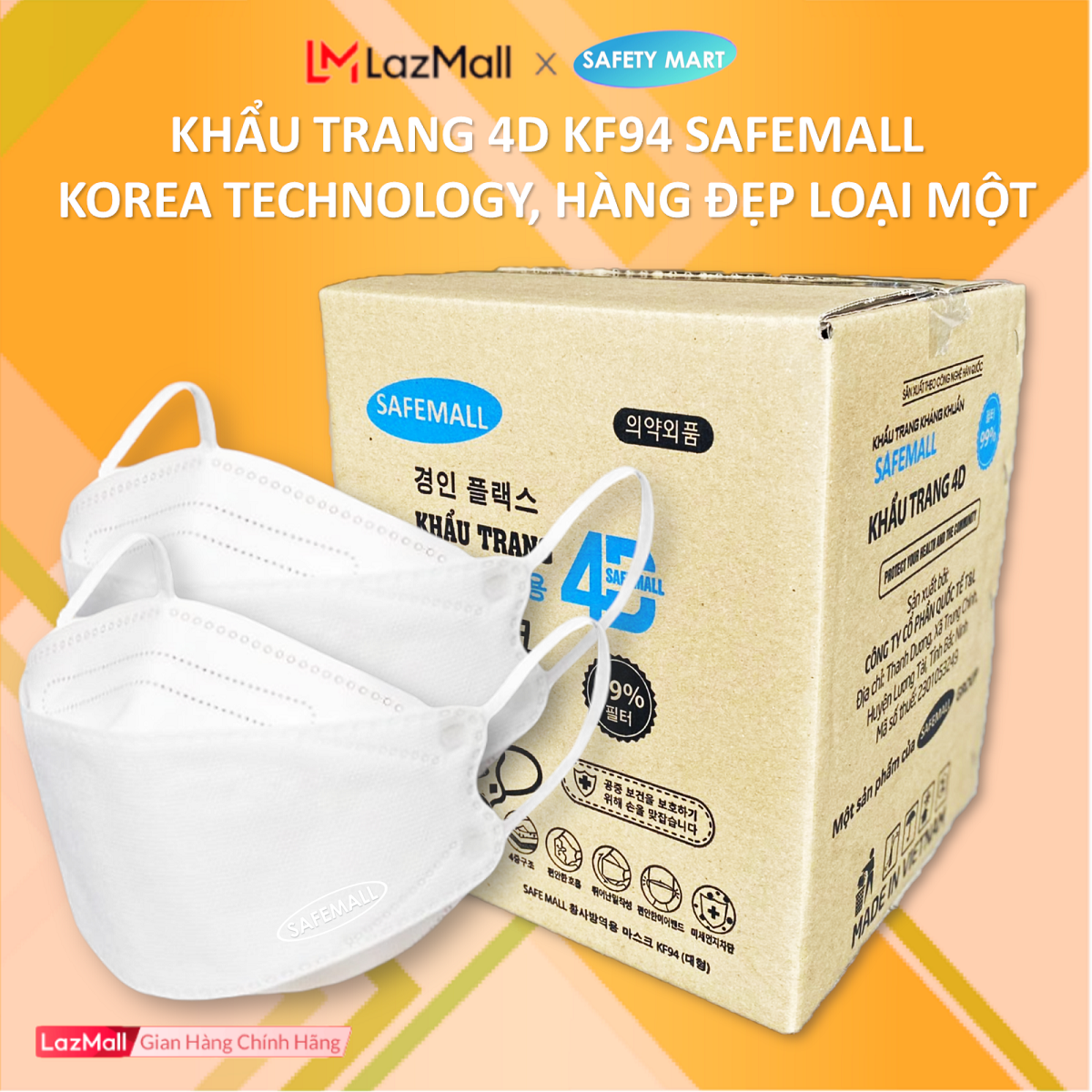[HOT] Thùng 300 chiếc Khẩu trang y tế 4D KF94 SafeMall Công nghệ Hàn Quốc 4 lớp vải kháng khuẩn, kháng bụi mịn lên đến 95%, đạt tiêu chuẩn ISO - Hàng Chính Hãng Safety Mart Official