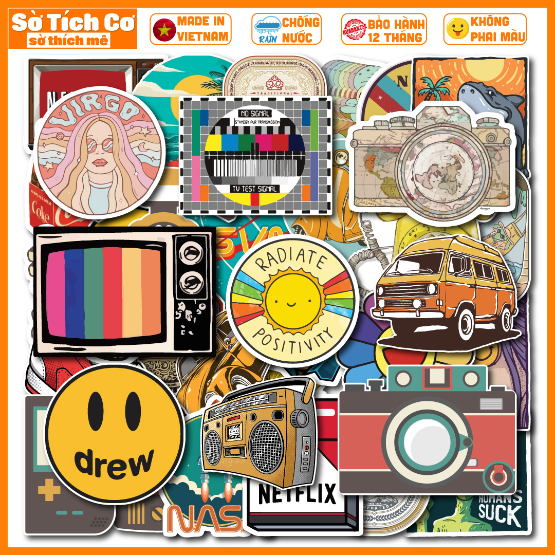 Bộ 50 Sticker Vintage Mix chống nước sticker dán laptop, điện thoại, đàn guitar, mũ bảo hiểm, vali. MSP: NS33