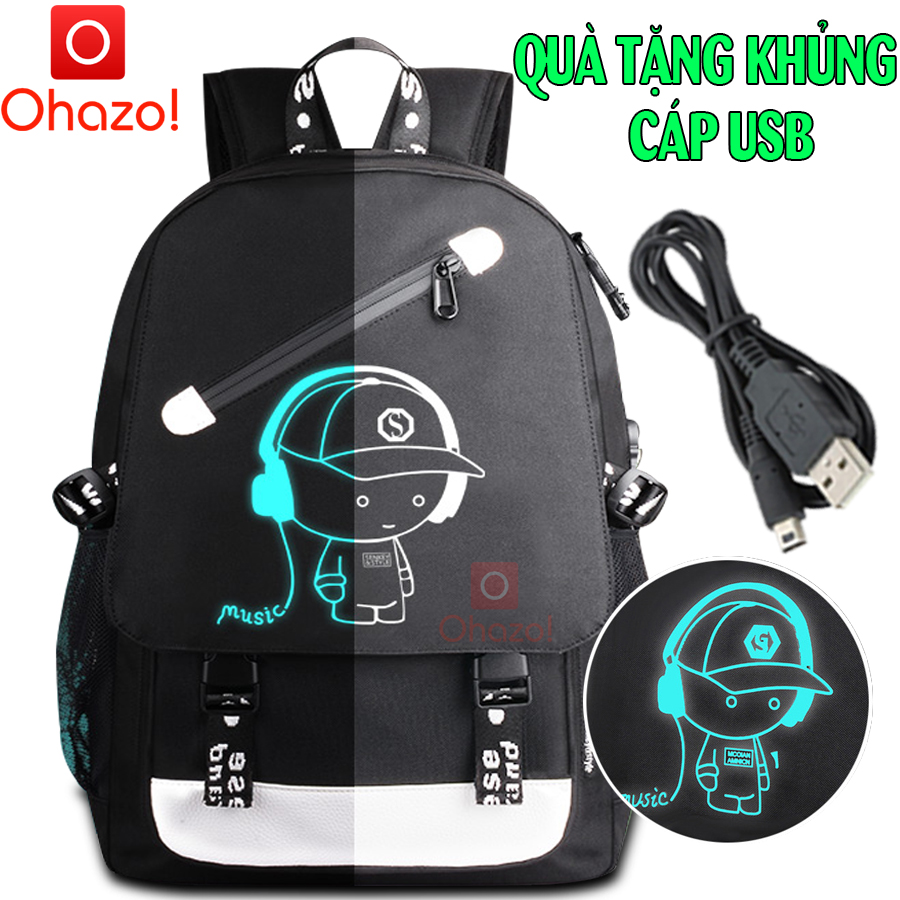 Balo nam nữ đi học phát sáng ban đêm Ohazo! đẳng cấp hình Boy Music cá tính + Tích hợp cổng sạc USB tiện lợi sạc điện thoại - Chất liệu cao cấp - Tặng cáp sạc USB xịn - Balo đi học đi chơi - HOT trend nhất năm nay