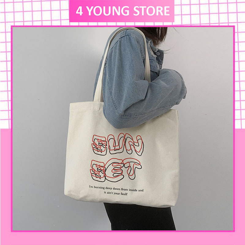 Túi tote vải canvas đeo vai thời trang phong cách Hàn Quốc giá rẻ đi học đi chơi đẹp from rộng đựng vừa A4 và laptop 4inch in chữ SUNSET T1001