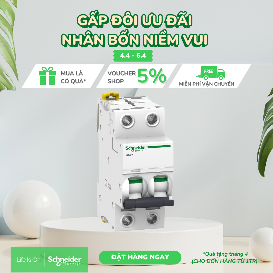 Cầu dao tự động MCB (át tép) 2 pha dòng cắt 6kA series iC60N dòng Acti9 - Schneider Electric - A9F74206 A9F74210 A9F74216 A9F74220 A9F74225 A9F74232 A9F74240 A9F74250 A9F74263