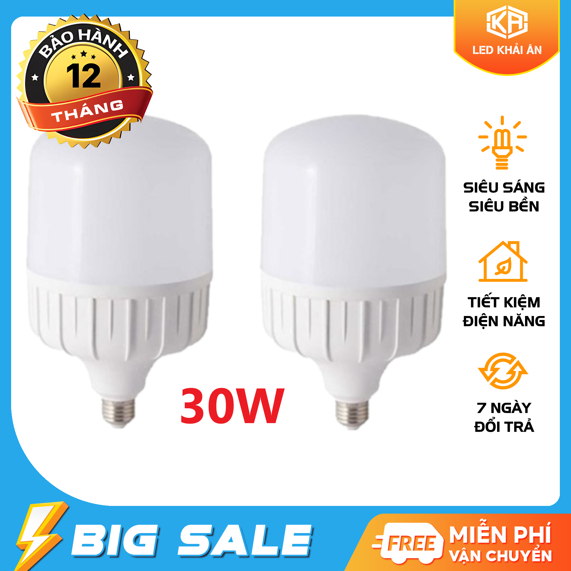 Bộ 2 bóng đèn Led 30W cao cấp ánh sáng trắng