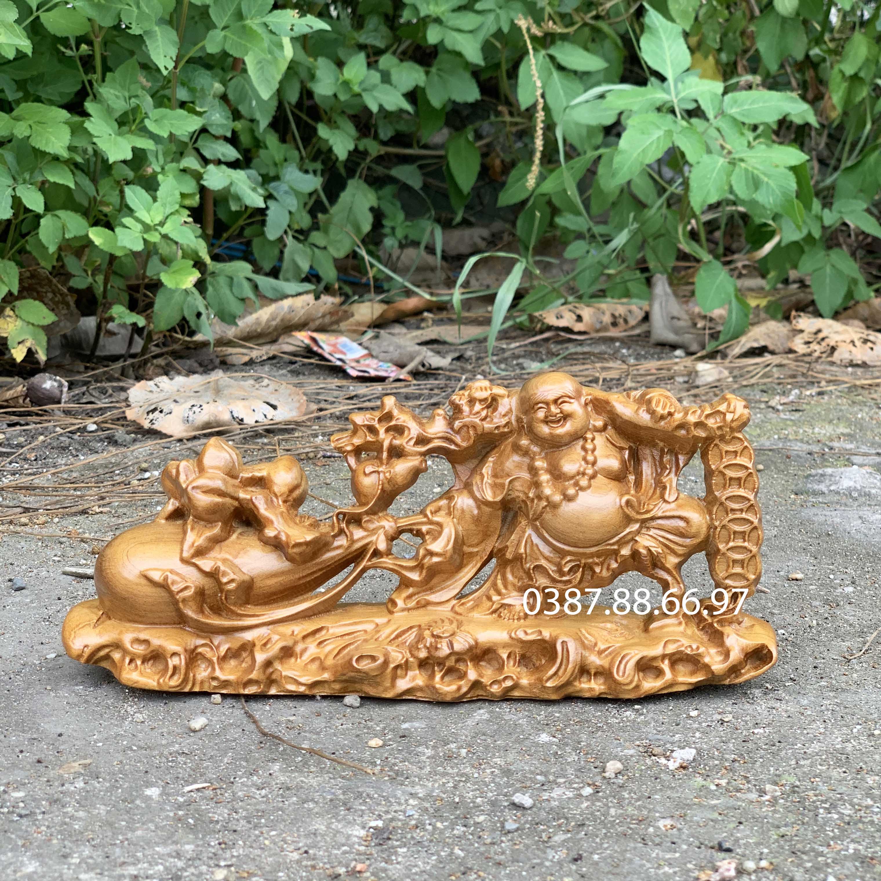 Tượng gỗ bách xanh phật di lặc kéo bao kích thước (20-6-9) cực đẹp