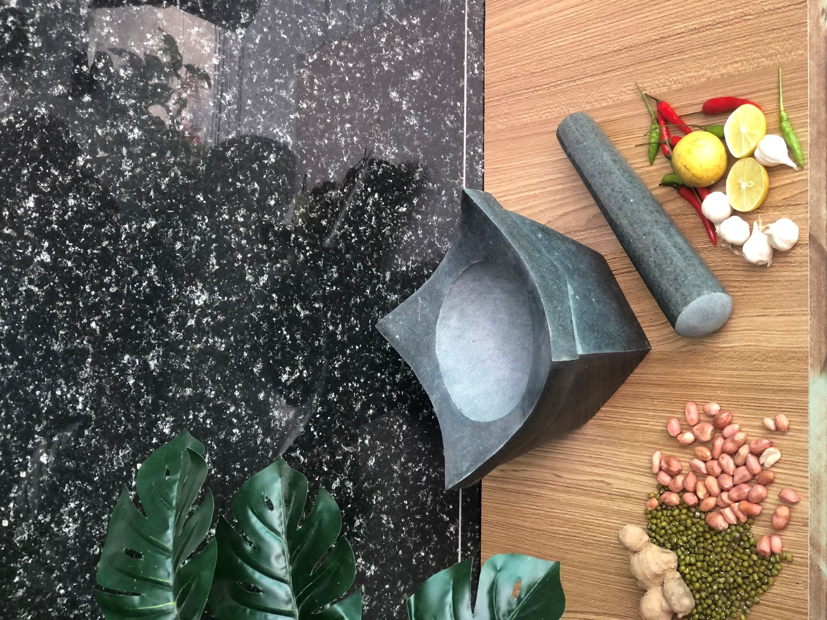 Bộ sản phẩm cối đá + chày đá Xanh đánh bóng mẫu xưa 4 tai